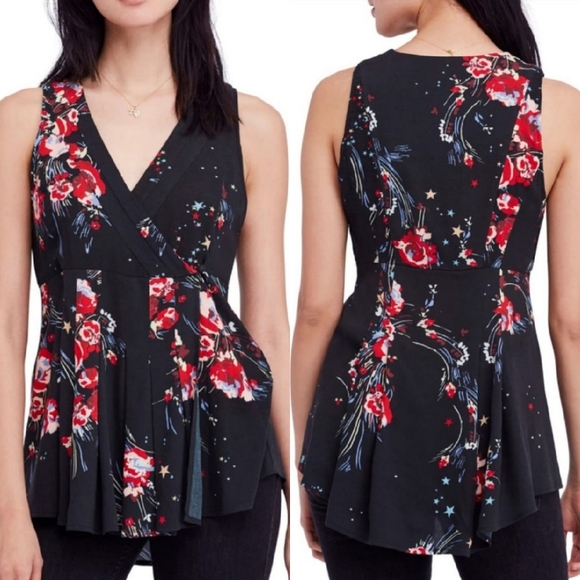 ⭐️ Free People Back to the Basics Boho Floral Star Wrap Tunic Black Top - Picture 1 of 13